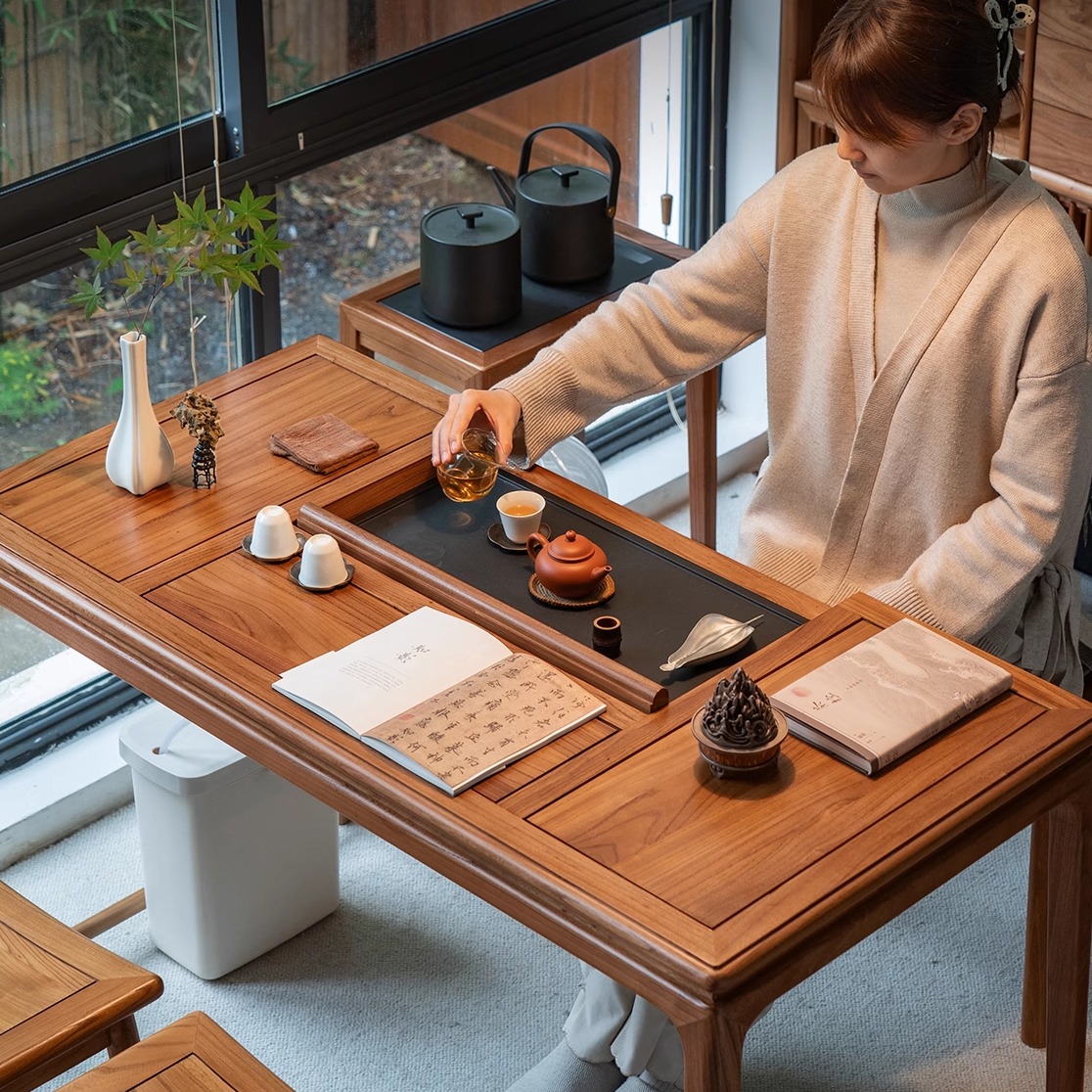 溪木工坊阳台茶桌家用榆木茶台餐桌两用客厅新中式实木茶桌椅组合