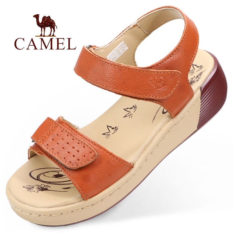 camel/骆驼夏季款透气厚底牌轻便正外穿中跟品牛皮魔术贴女凉鞋子