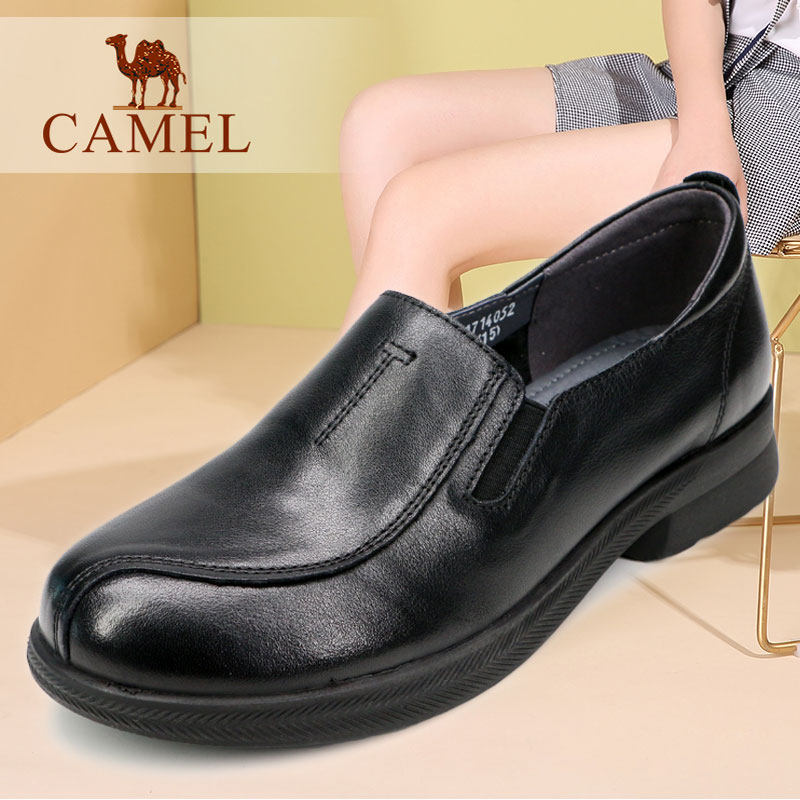 camel/骆驼女鞋春季款真头层牛皮软底舒适平跟士休闲妈妈鞋子单鞋