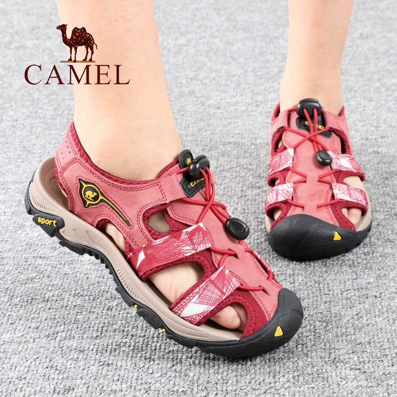camel/骆驼女鞋 夏季镂空透气户外休闲沙滩鞋子 中跟包头女士凉鞋