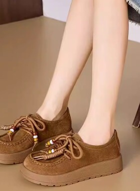 2025年秋季新款凤飞飞女鞋单鞋勃肯鞋厚底增高牛皮乐福鞋02129