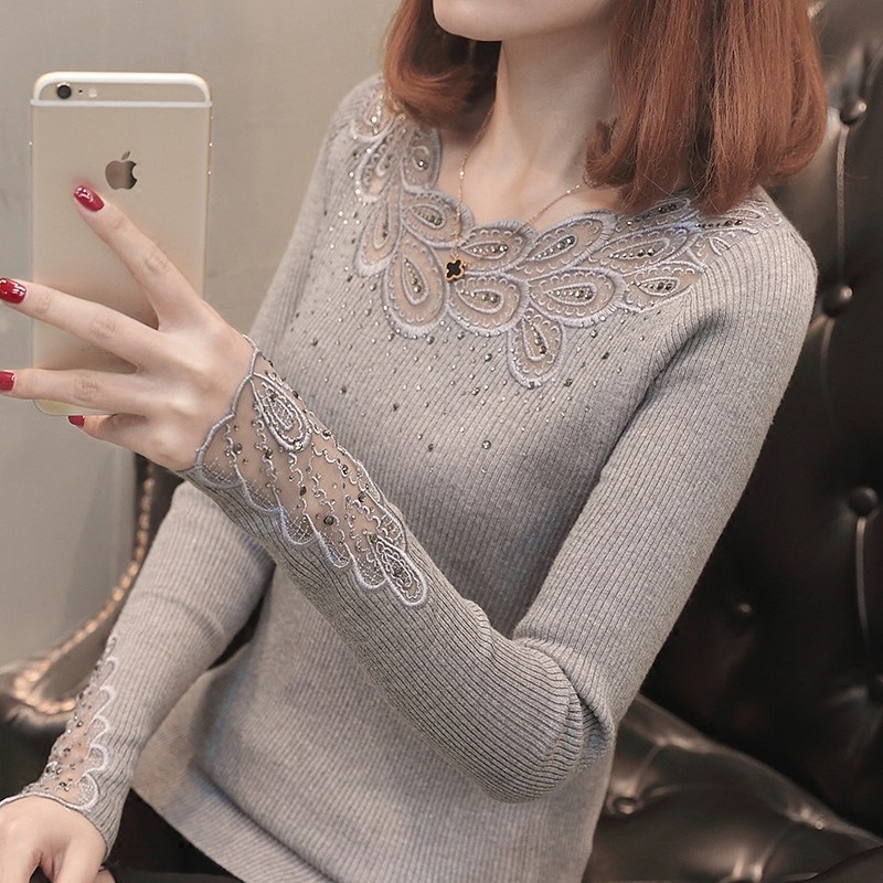 薄款毛衣女套头2022新款韩版百搭修身显瘦性感蕾丝打底针织衫长袖