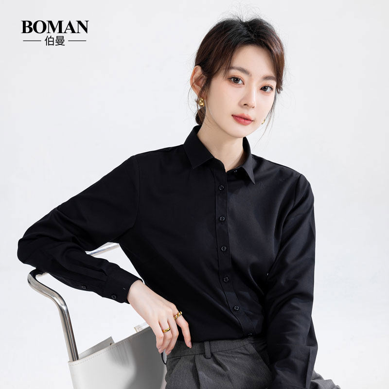 2026修身莫代尔黑衬衫方领职业通勤透气长袖面试工作服气质衬衣女