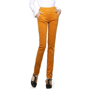 细条绒小直筒裤松紧腰休闲裤高腰大码长裤弹力中年灯草绒裤子姜黄