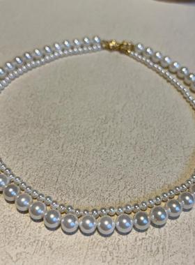 蝴蝶结贝珠大小珠双层项链女