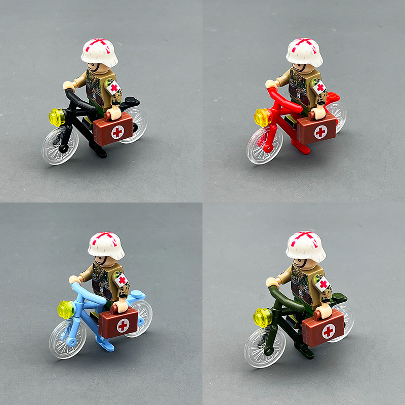 二战军事人仔积木自行车医疗救援兵小人塑料MOC配件 拼装儿童玩具