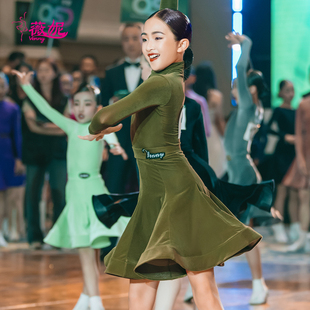 薇妮拉丁舞规定服长袖勾中指高领女童比赛服丝绒国标舞演出大摆裙