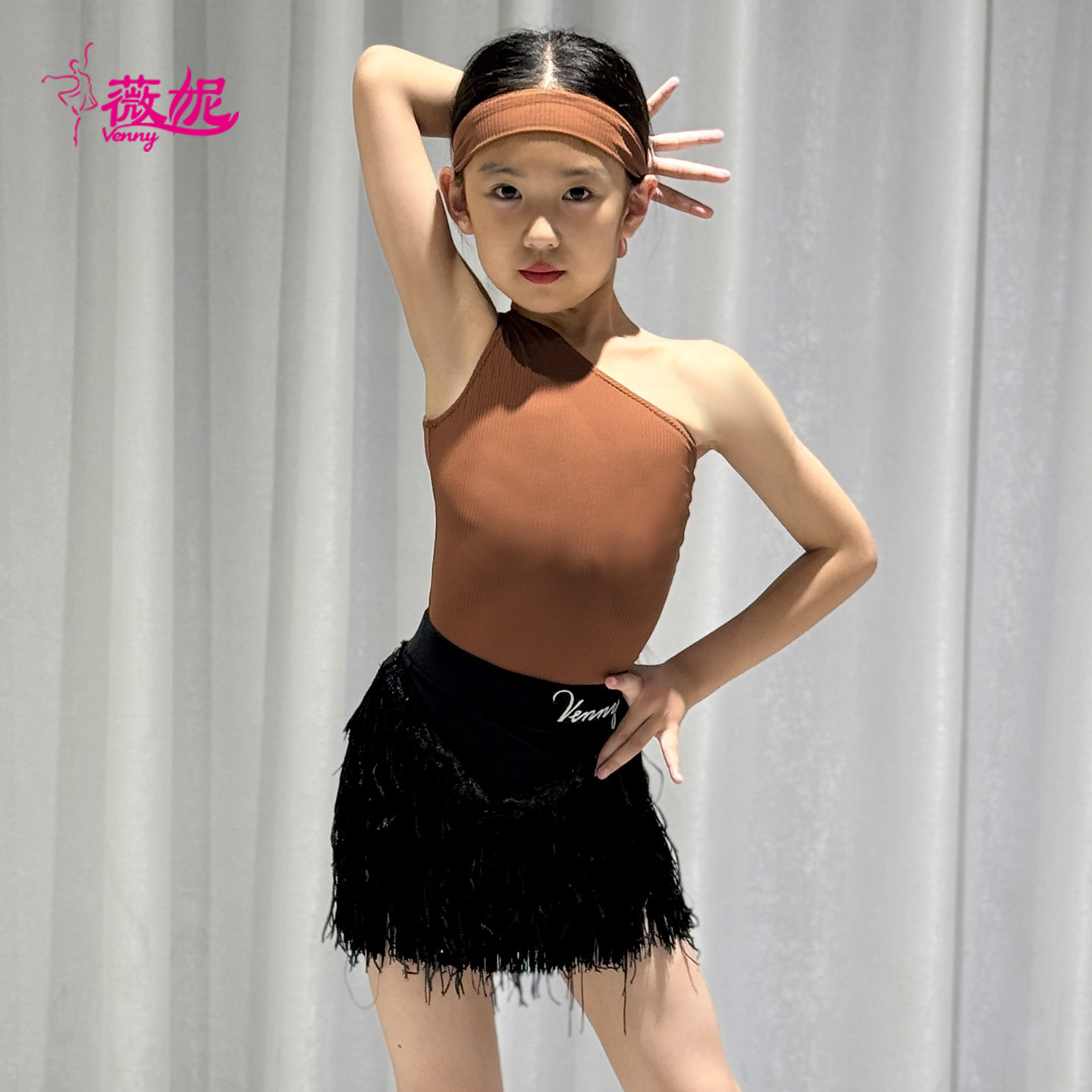 薇妮拉丁舞服时尚新款练功服半肩设计亮片流苏半裙分体训练服舞服