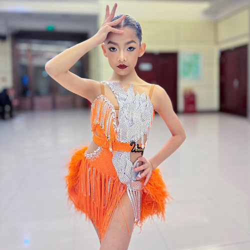 薇妮舞美拉丁舞服女生花服镶钻羽