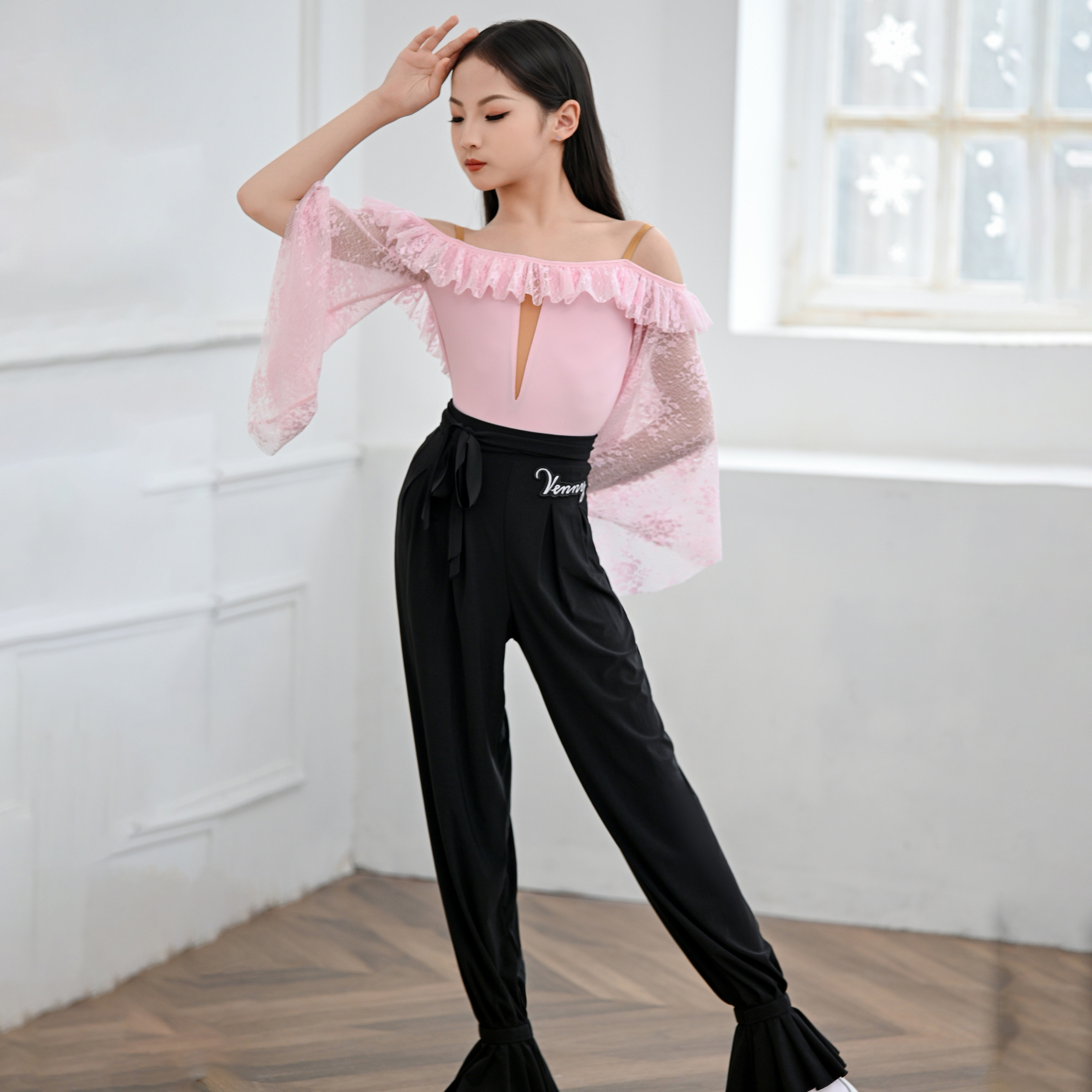薇妮舞美拉丁舞服女童粉色练功服图片