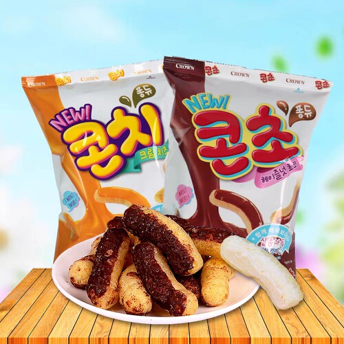 韩国进口CROWN克丽安巧克力味膨化条66g香甜脆条休闲小零食品