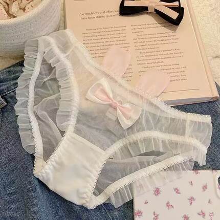 日系可爱蝴蝶结蕾丝边性感勾人纯欲风网纱内裤女生纯棉裆三角裤女