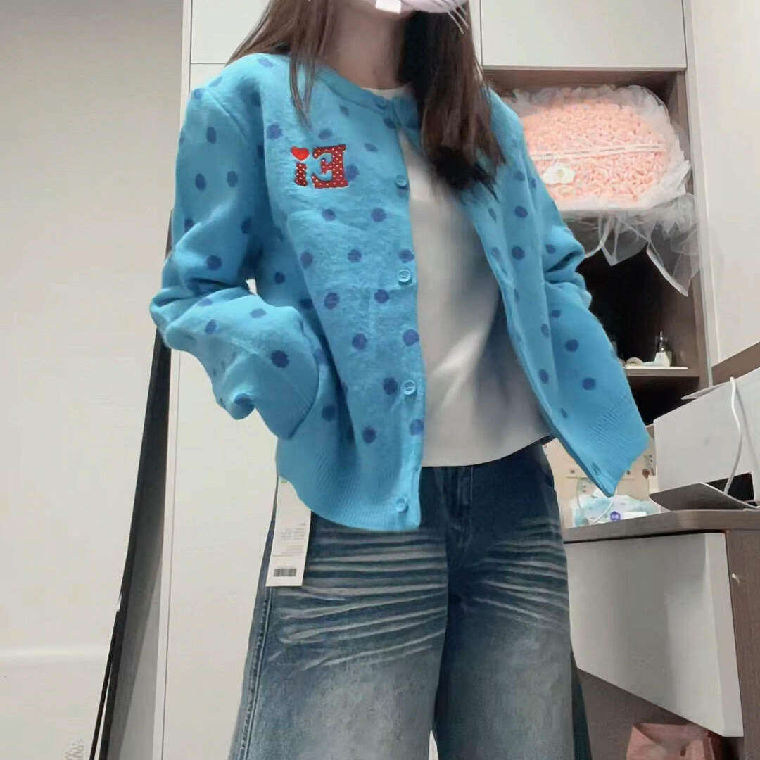 美式复古波点蓝色开衫毛衣外套女春秋季短款软糯慵懒风针织衫上衣