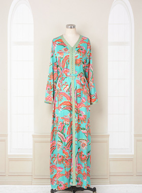 中东时尚女装阿拉伯长袖长裙印花拼色光滑舒适连衣裙宽松腰系带