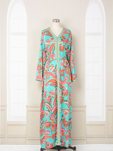 长裙印花拼色光滑舒适连衣裙宽松腰系带 阿拉伯长袖 中东时尚 女装