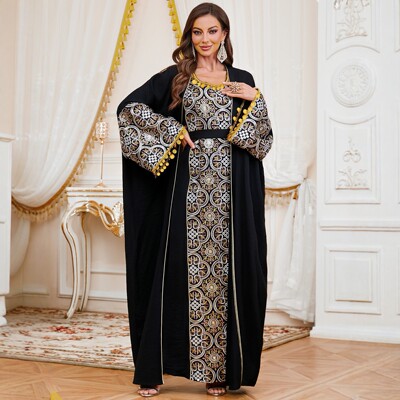 巴基斯坦风阿拉伯节日长袍刺绣连衣裙蝙蝠袖开衫礼服新款两件套