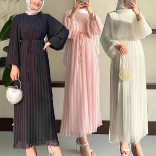 连衣裙度假休闲海边中东连衣裙长裙迪拜女士阿拉伯压褶雪纺裙旅游