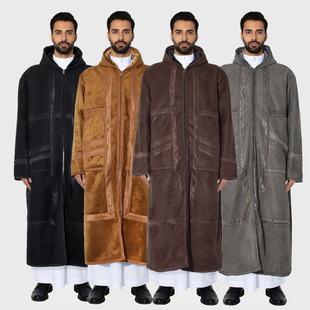 冬季男士阿拉伯麂皮连帽长袍复古刺绣长款拉链外套中东民族风保暖