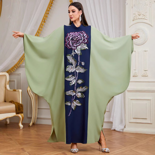 优雅蝙蝠袖 气质度假撞色拼接珠片重工刺绣中东阿拉伯连衣裙长袍