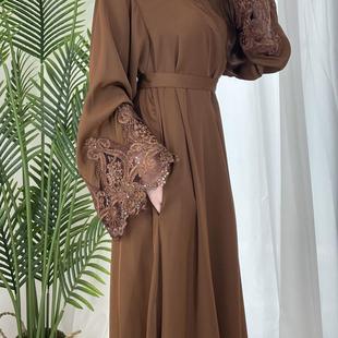 新款纯色带花卉蕾丝手袖带拉链连衣裙大码女装宽松喇叭袖dubai
