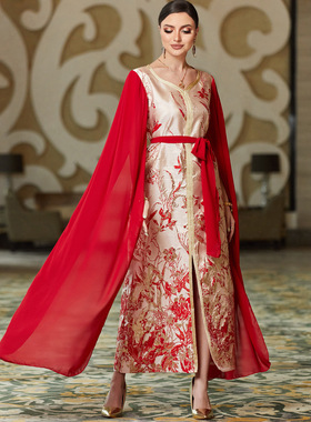 阿拉伯土耳其红色超长袖3D立体压花长裙中东迪拜连衣裙晚礼