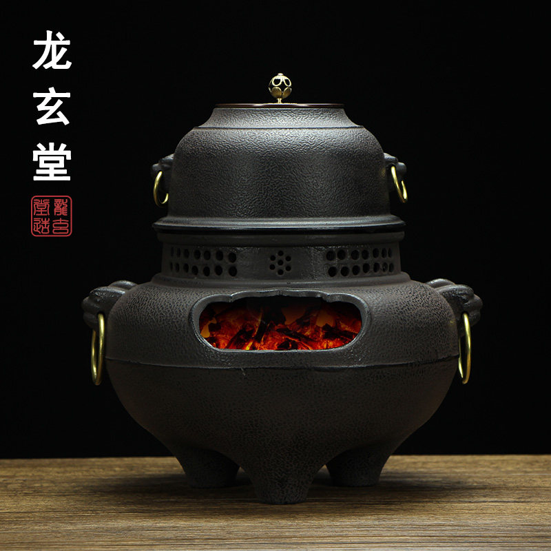 日式老炭炉家用室内铁釜铁壶煮茶炉大号碳炉铸铁烤火炉鬼面风炉