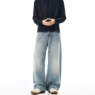 美式经典水洗猫须弯刀牛仔裤男款痞帅风宽松阔腿廓形vintage裤子