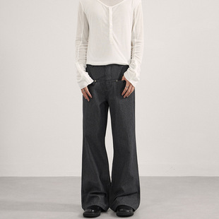 简约条纹牛仔裤男款美式高街微喇cleanfit高级感直筒显高弯刀裤子