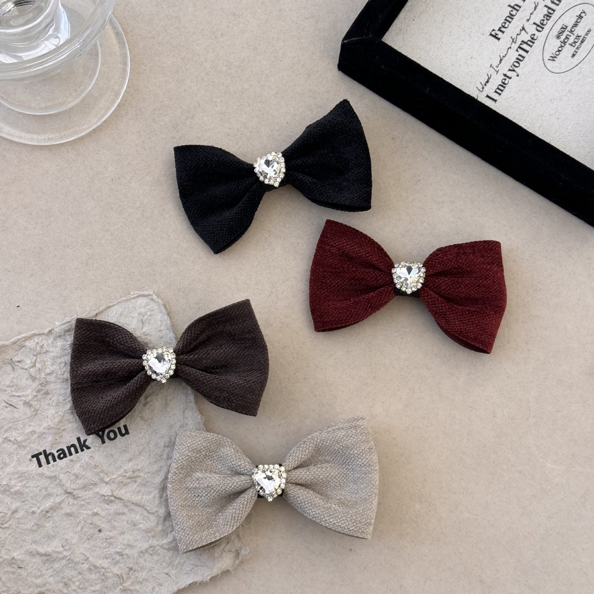 韩系秋冬可爱甜美丝绒爱心水钻蝴蝶结发夹刘海夹碎发边夹鸭嘴夹女