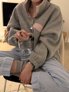 韩国ounce摇粒绒保暖上衣半拉链秋冬外套白搭款灰色抽绳女显瘦