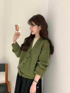 韩国egg2025年苔藓绿色滚绒慵懒风毛衣开衫活泼三色不退换