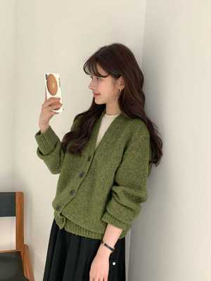 韩国egg2025年苔藓绿色滚绒慵懒风毛衣开衫活泼三色不退换