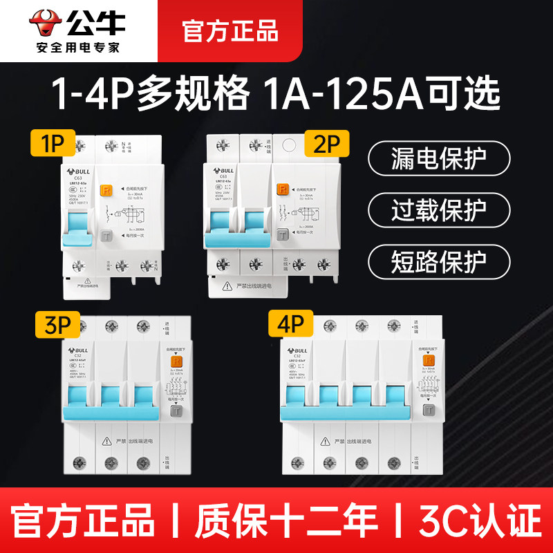 公牛空开漏电保护器63a家用220v断路器带漏保2p3p电闸总开关100a