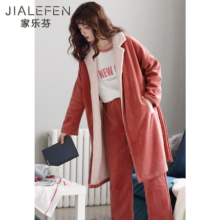 夹棉法兰绒睡衣女士秋冬季家居服睡袍保暖珊瑚绒加厚加绒长款套装