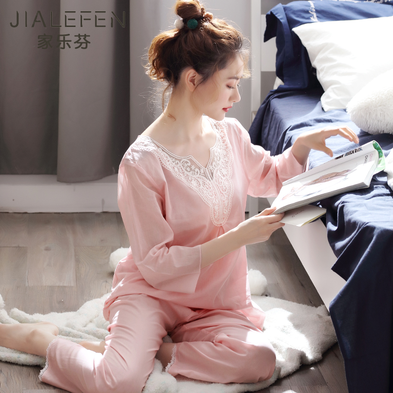 睡衣女士春夏季长袖家居服全棉