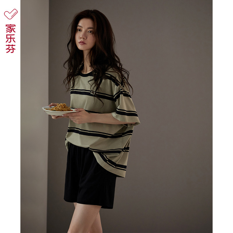 睡衣女士莫代尔夏季短袖短裤夏天冰丝家居服条纹休闲可以外穿套装,女士内衣/男士内衣/家居服,睡衣/家居服套装,淘宝优惠券,粉丝福利购,淘宝优惠卷