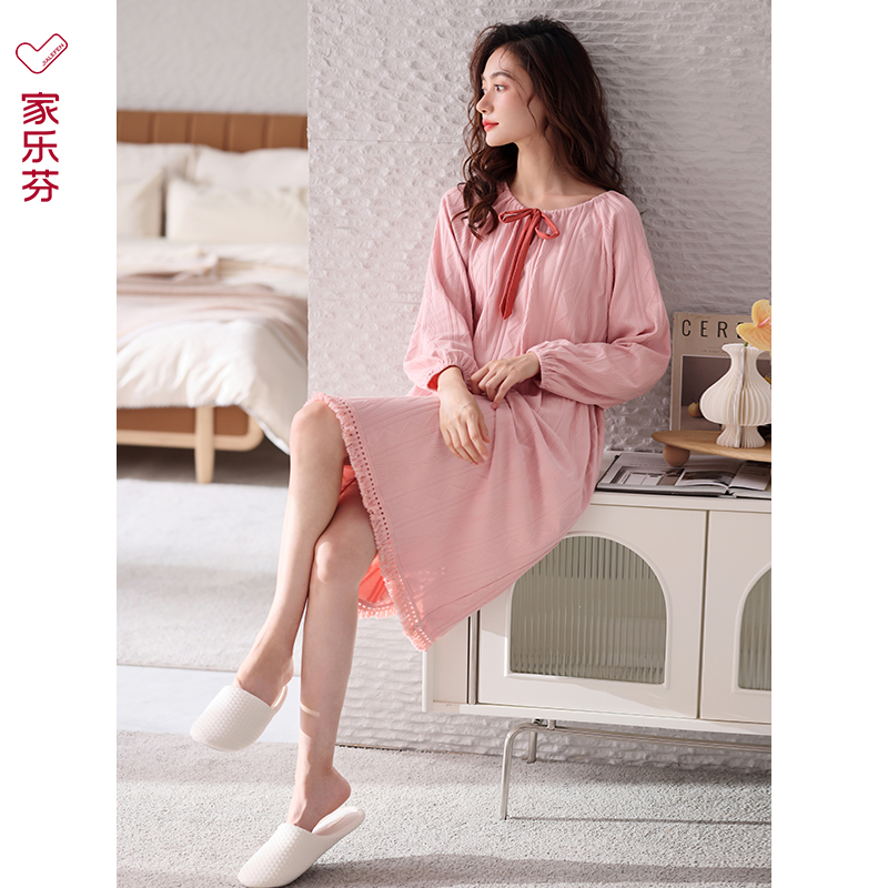 女士长袖睡裙家乐芬纯棉