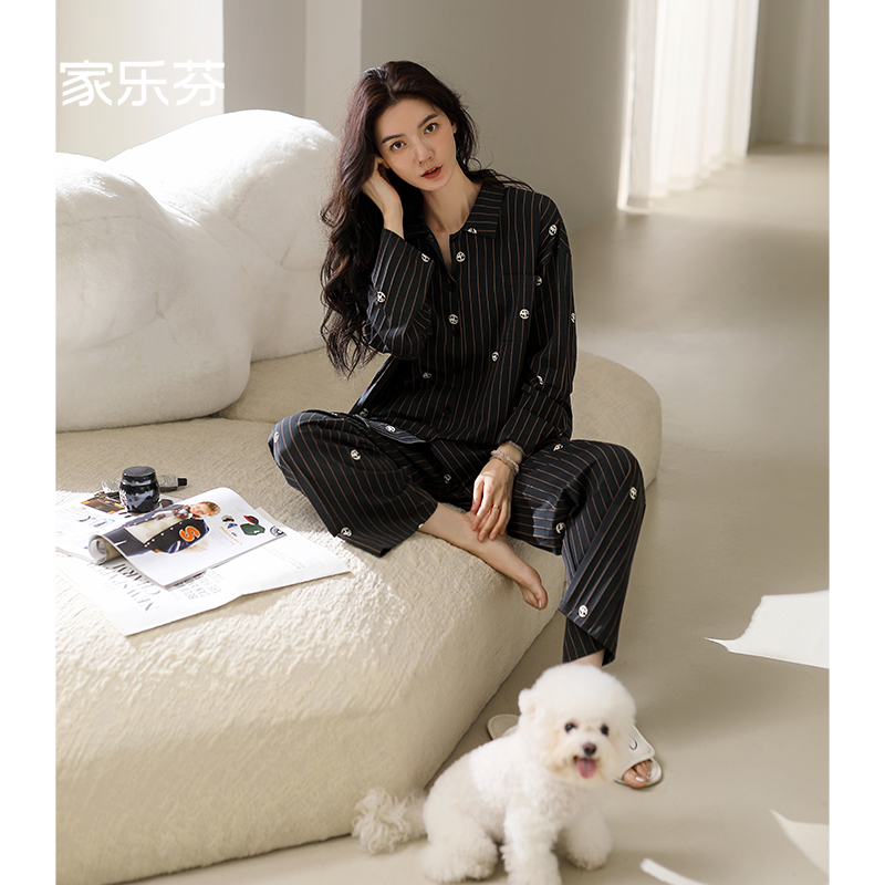 家乐芬睡衣女士春秋款纯棉长袖家居服秋天条纹休闲开衫黑色高级感