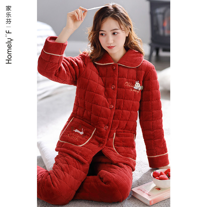 睡衣女士冬天加厚夹棉珊瑚绒加绒法兰绒秋冬季家居服大红色本命年