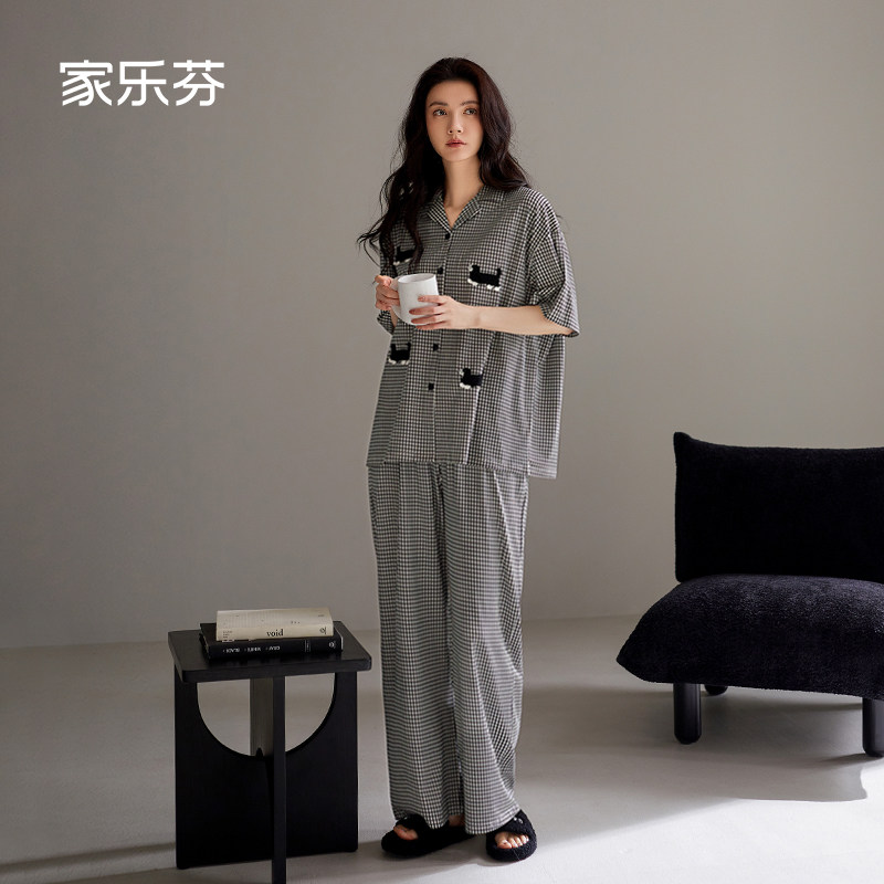 家乐芬睡衣女夏季薄款短袖长裤超软莫代尔家居服大尺码休闲格子开