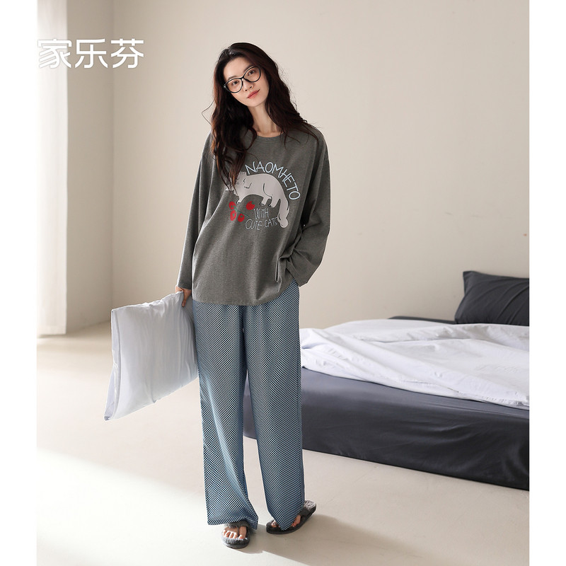家乐芬睡衣女士春秋款秋季纯棉长袖家居服休闲宽松慵懒风圆领套装