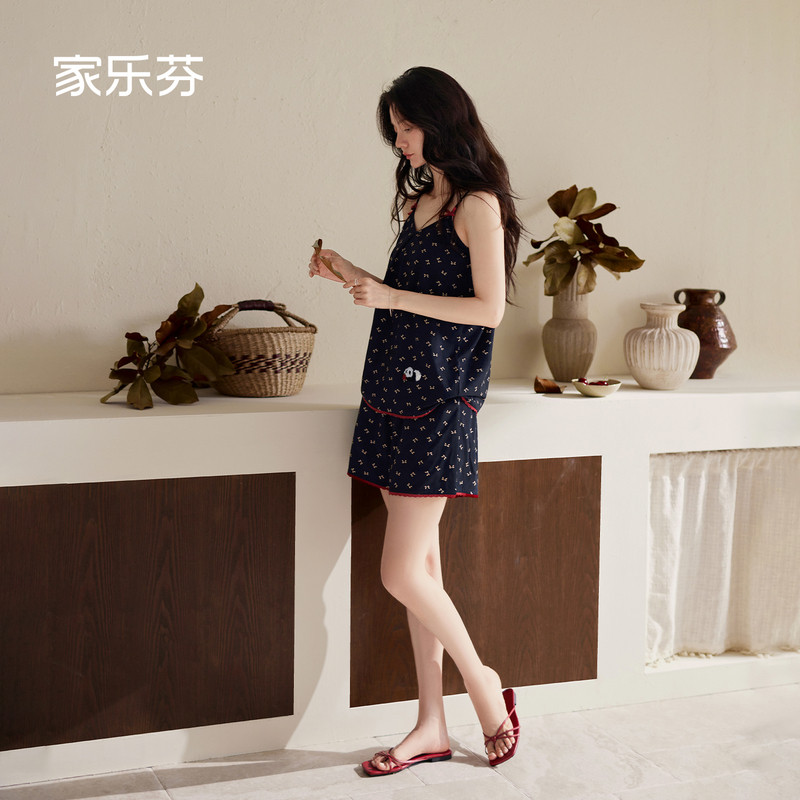 家乐芬带胸垫睡衣女士夏季莫代尔吊带短裤可爱熊猫休闲时尚家居服
