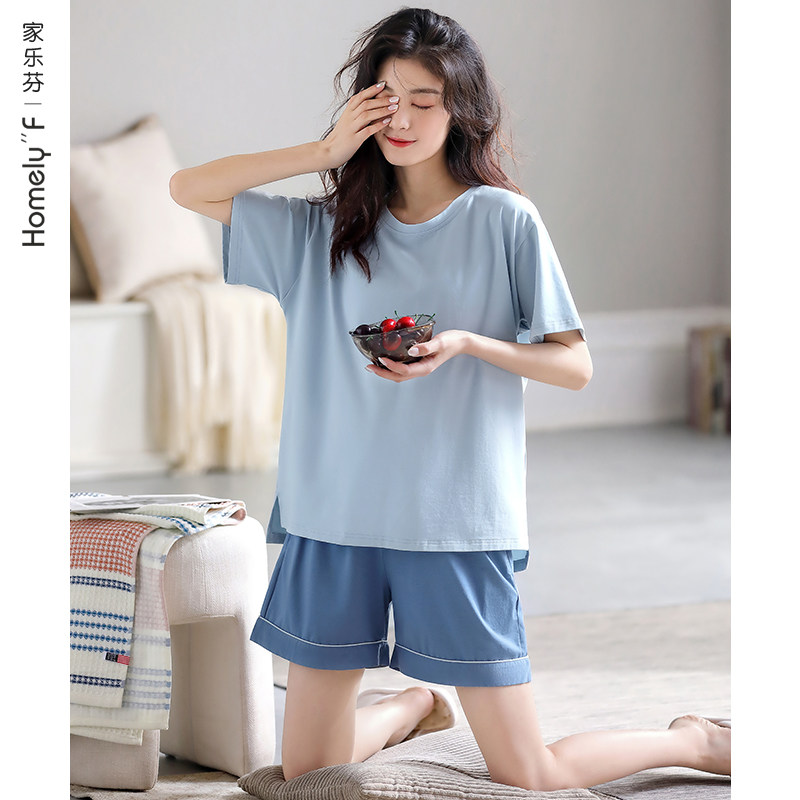 【莱卡棉】家乐芬睡衣女士夏季纯棉短袖短裤家居服夏天夏款可外穿