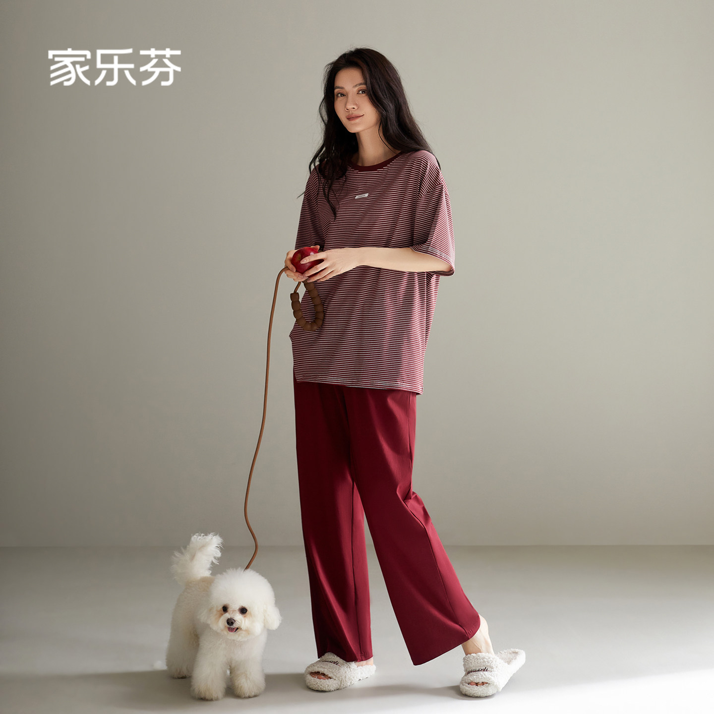 家乐芬睡衣女夏季薄款短袖长裤纯棉家居服大码休闲条纹可外穿红色