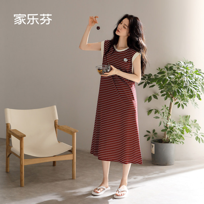 家乐芬带胸垫睡裙女士睡衣夏季夏天夏款无袖背心莫代尔条纹可外穿