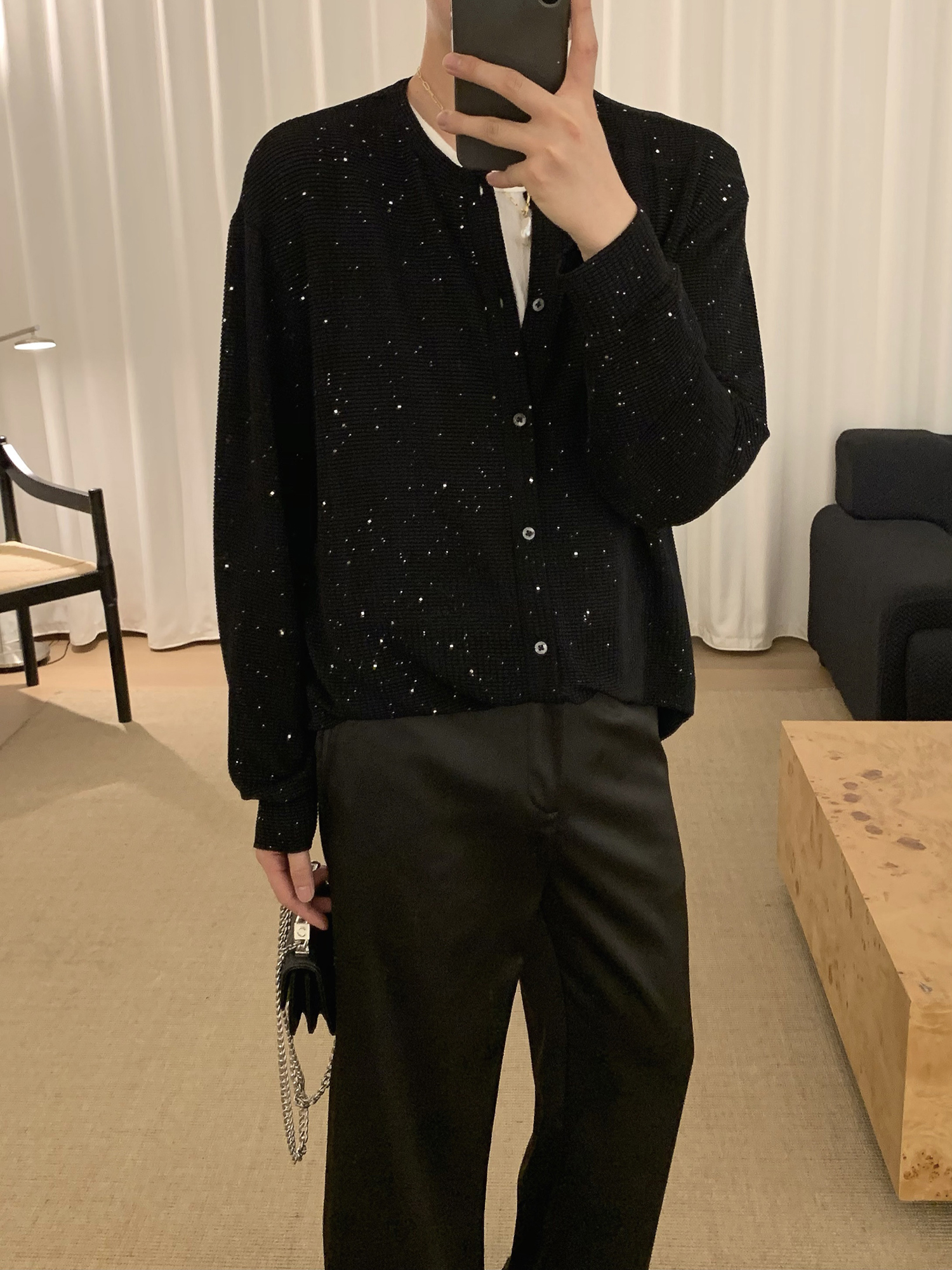 阿茶与阿古黑色流银防晒针织衫男夏季薄款华夫格宽松休闲开衫外套