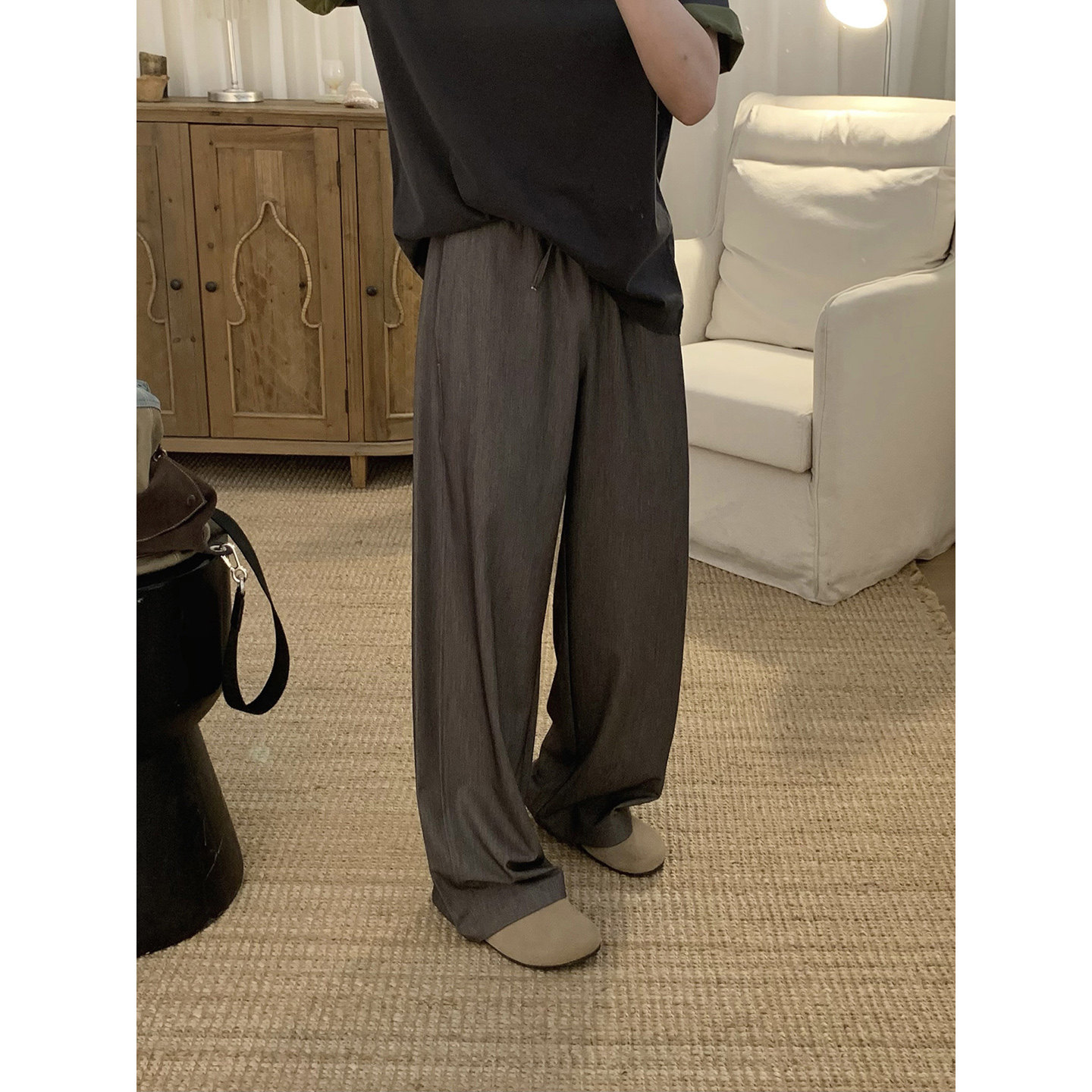 阿茶与阿古石墨灰阔腿裤男夏季薄款潮流宽松慵懒风百搭休闲长裤子