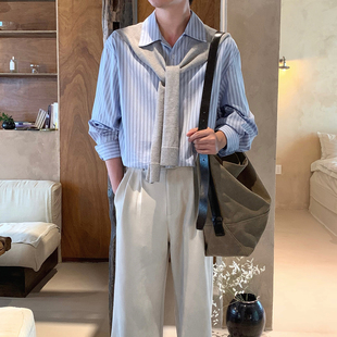 阿茶与阿古【柔雾淡蓝】披肩条纹衬衫男长袖韩版百搭宽松休闲衬衣