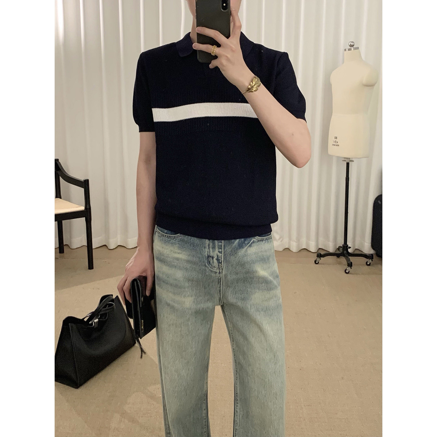 阿茶与阿古藏蓝色冰丝polo衫男夏季老钱风高级感休闲撞色短袖上衣
