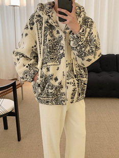 阿茶与阿古两色腰果花仿羊羔毛外套男秋冬新款休闲宽松连帽夹克